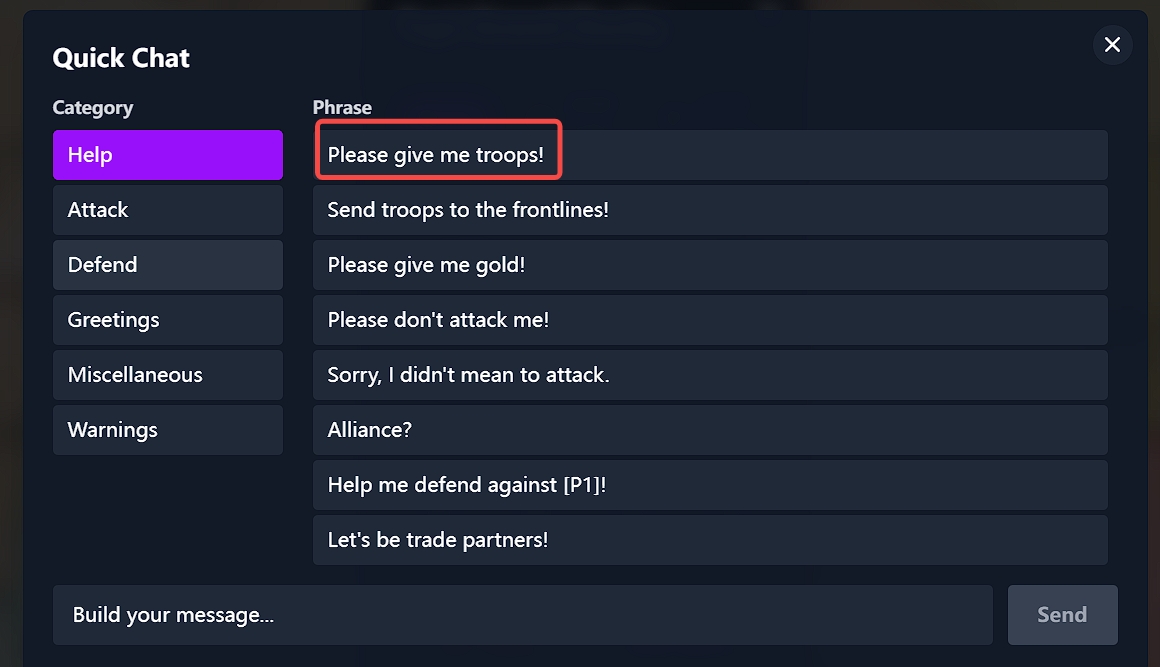 how to ask an ally to attack in frontwars.io select help or attack